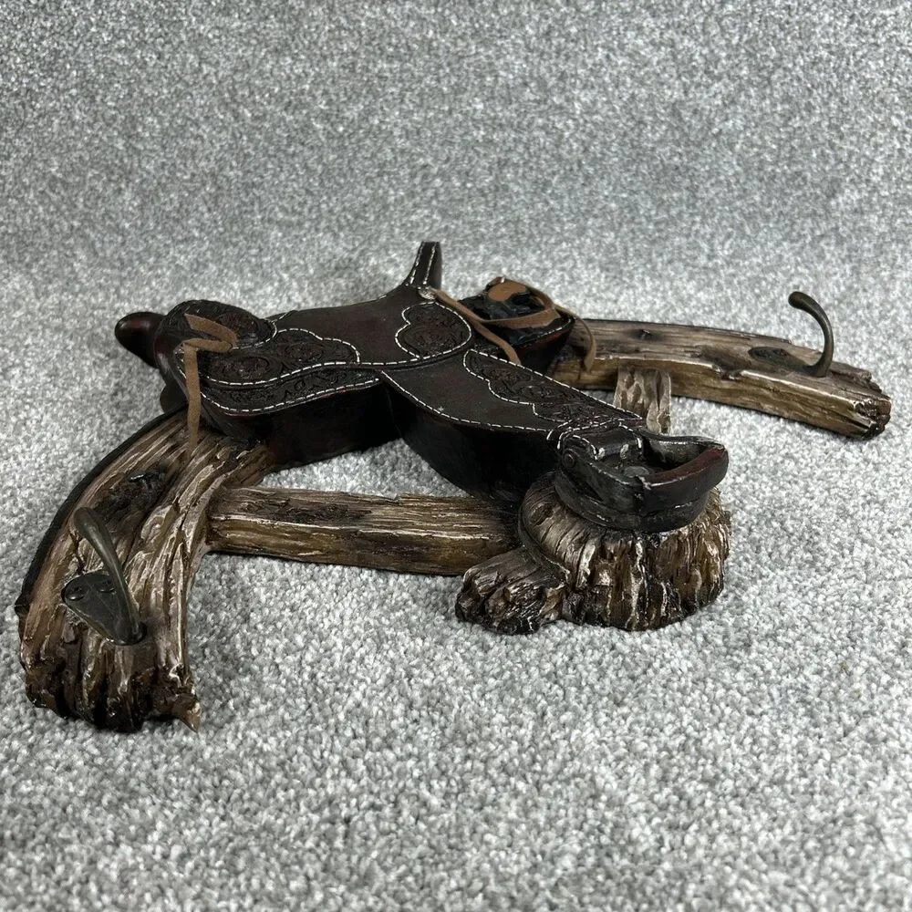 Western Wagon Wheel Horse Saddle Decor Coat Hat Rack with Hooks 14" Wide Heavy - Picture 11 of 12